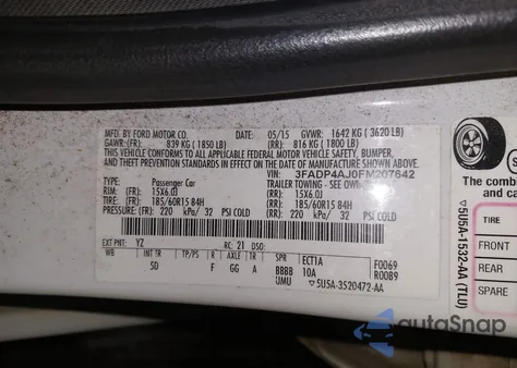 2015 Ford Fiesta S z USA, uszkodzony, nr VIN 3FADP4AJ0FM207642